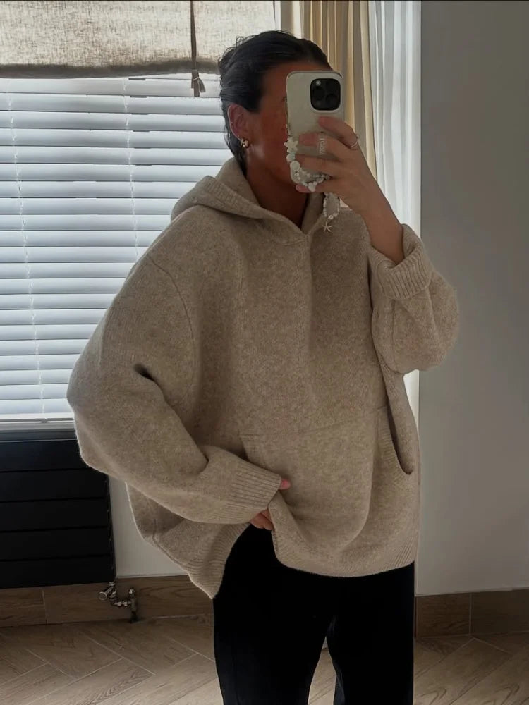 Solid Casual Knitted Oversize Sweaters Hoodie Women Long Sleeve Commute 2026 Autumn Winter Female Pullover Chic Street Jumper