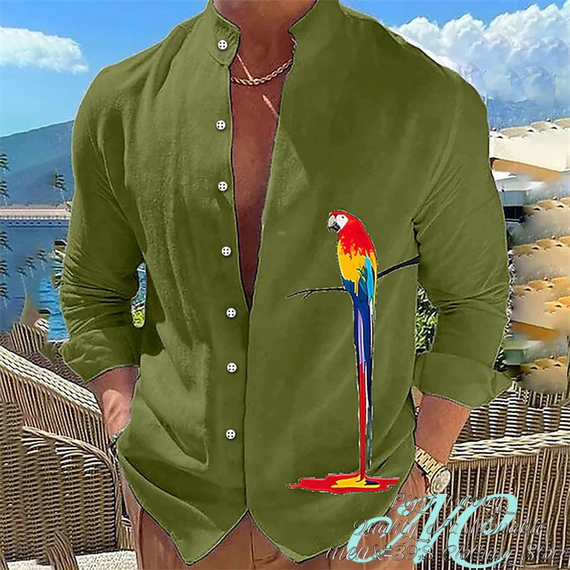 15 Color Men's Shirt Long-Sleeved Shirt 3D Printing Parrot Pattern Standing Collar Clothing Fashion Casual XS-6XL Size