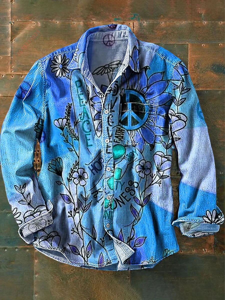 2026 New Retro Graffiti Sunflower Print Long-Sleeve Shirt, European and American Style Casual Fashion Top, Sizes XS-6XL