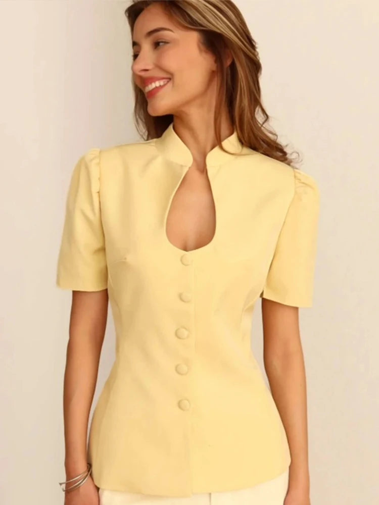 Short Sleeve Elegant Suits Coat Women Single Breasted V-neck Commute 2025 Autumn Female Blazer Street Solid Slim Lady Tops