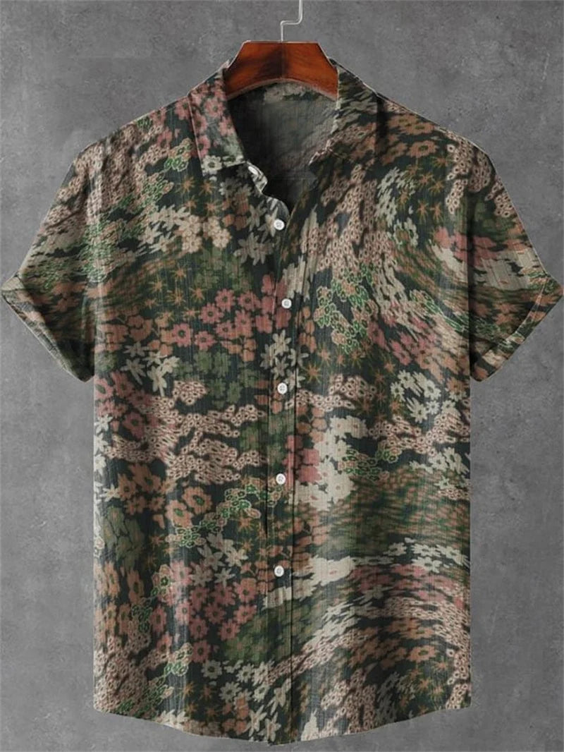 2025 vintage printed shirt men's casual lapel single breasted shirt 3D printed short sleeved shirt