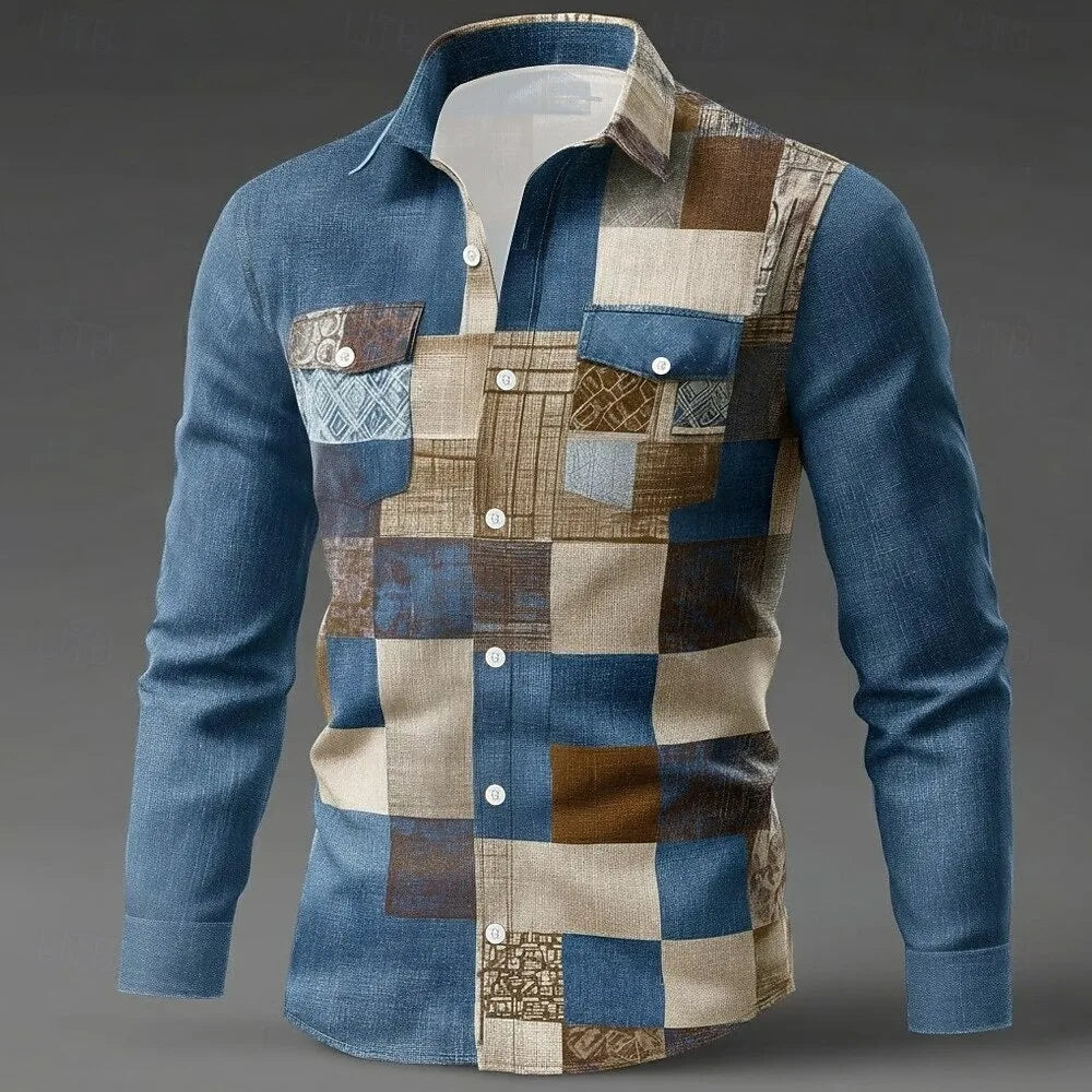 New men's long sleeved shirt, casual and fashionable checkered shirt, lapel single breasted long sleeved men's clothing