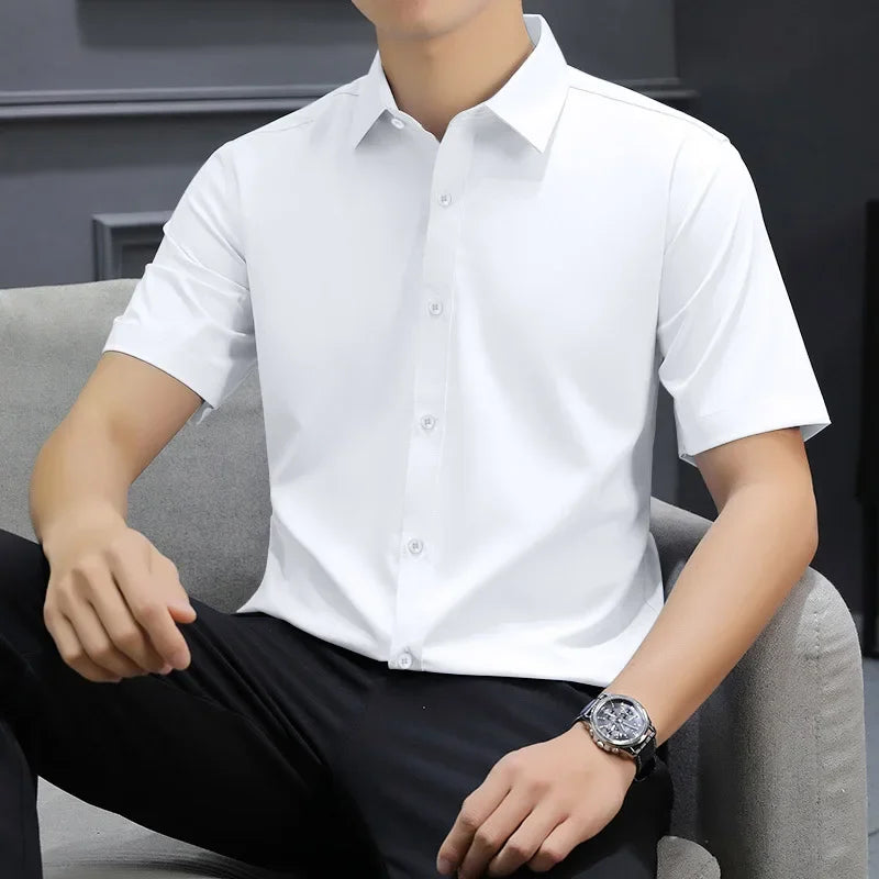 New Men's Business Casual Solid Color Short Sleeved Shirt for Summer Fashion No Ironing Comfortable and Versatile Top