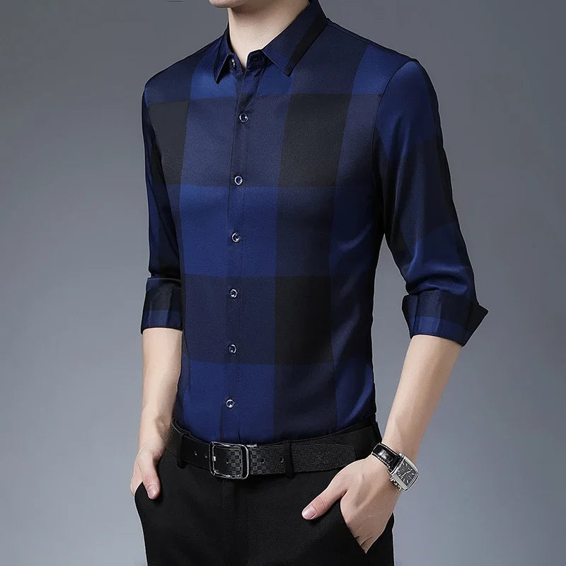 New Men's Casual Printed Long Sleeved Lapel Shirt for Spring and Autumn Fashion Comfortable Wrinkle Free Top Without Ironing