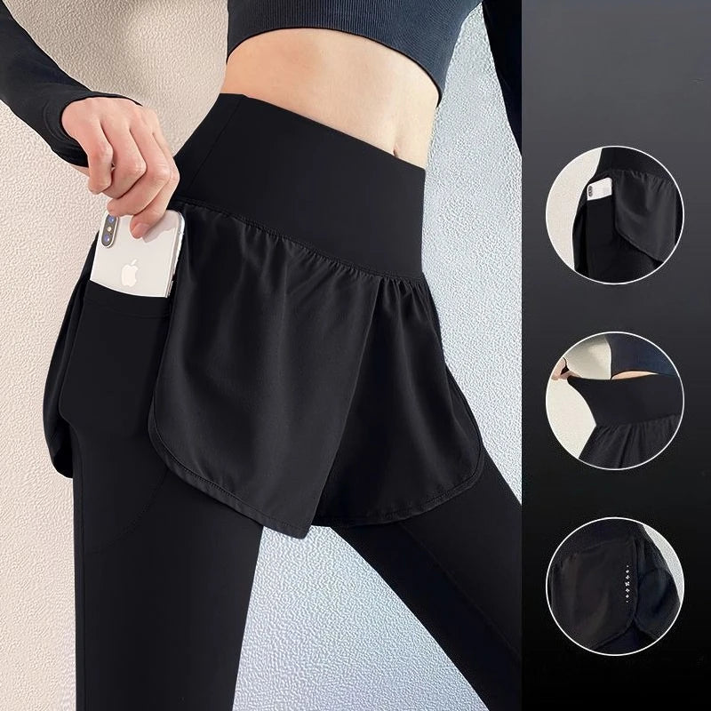 Women's Fall Two-in-One Leggings - High Waist Running Yoga Pants with Slimming Skirted Hem, 4-Way Stretch  From Studio to Street