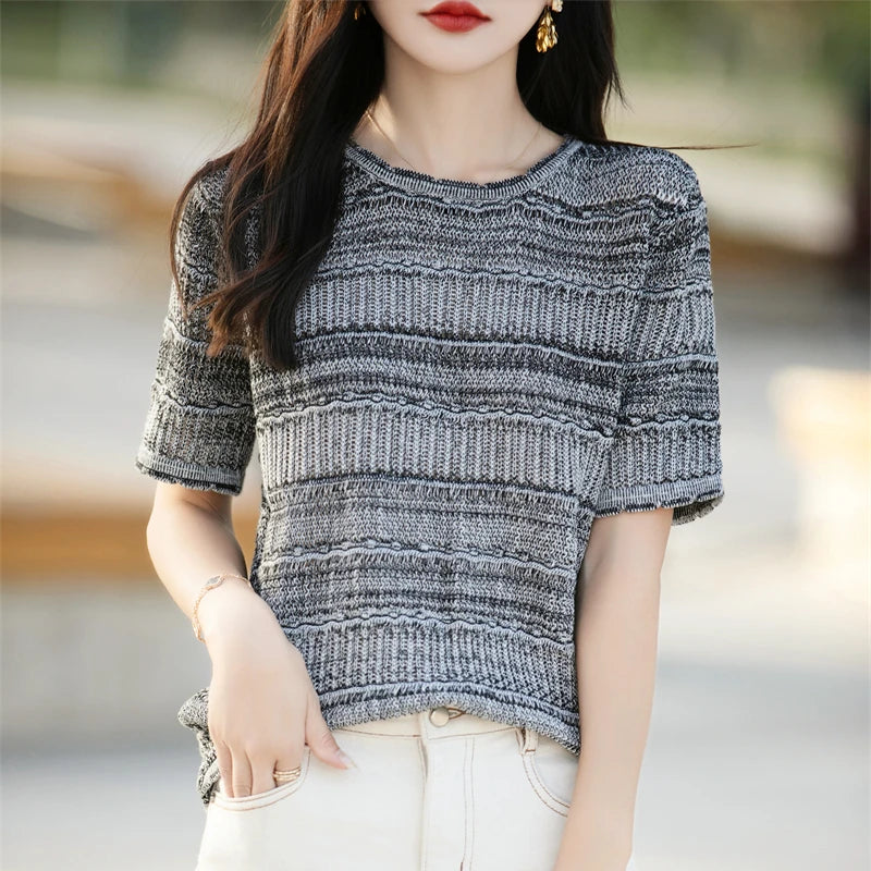 Women's T-Shirt Summer 100% Cotton Sweater Short Sleeve Striped Knitted Round Neck Ladies Tops Loose Blouse Pullover Tees