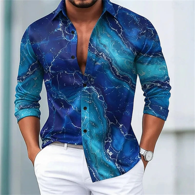 Men's blue and gold marble print long-sleeved shirt. Fashionable casual design, slim fit for banquets and business suits. XS-6XL