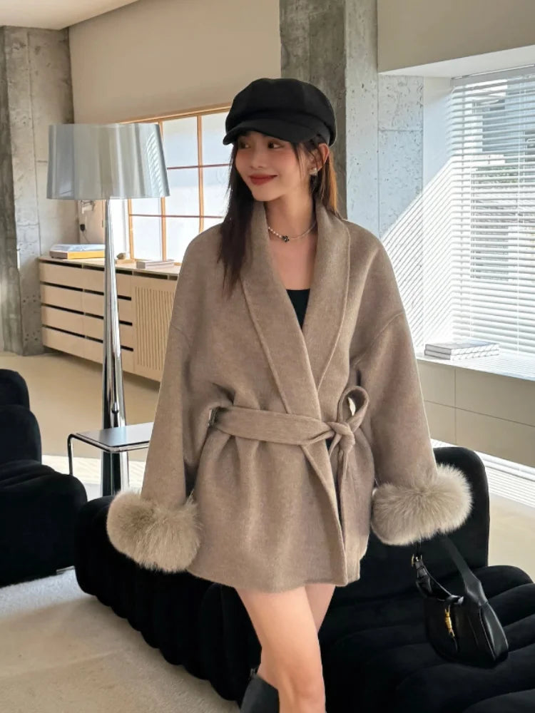 Blue Lace Up Plush Fur Sleeve Jacket Women Elegant Medium Length V-neck Woolen Coat New Autumn Casual Fashion Commuter Outwear
