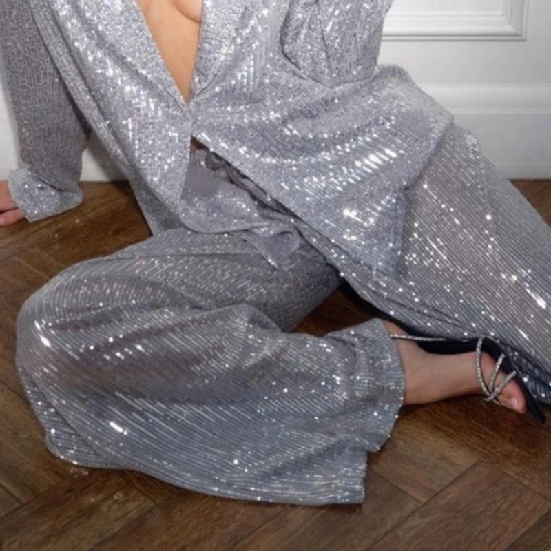 Casual Sequin Jackets Pants Set Women Golden Long Sleeve Lapel Button Wide Leg Pant Autumn Lady Suit Urban Street Loose Sets