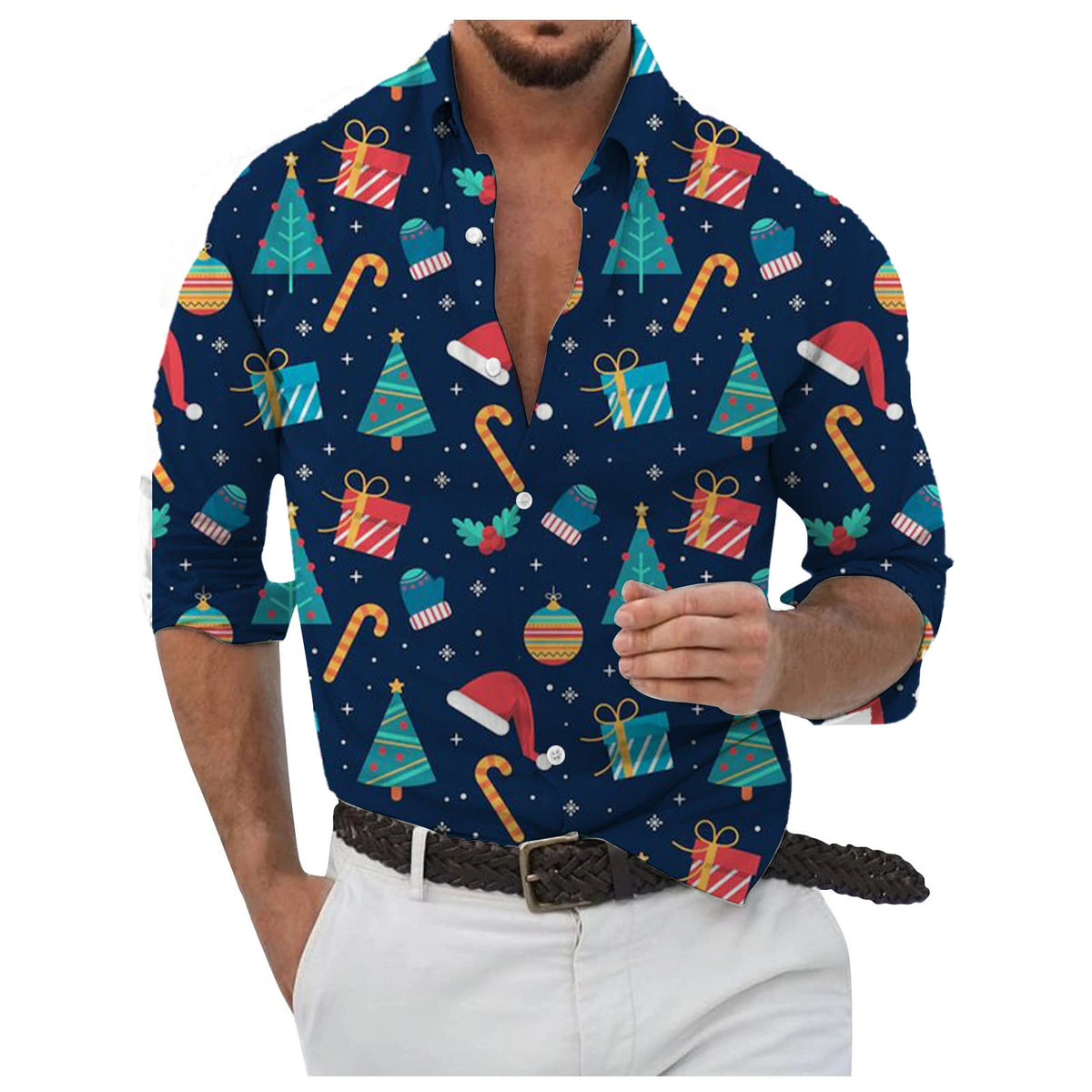 Christmas Style Men's Stylish Long Sleeve Shirt Breathable Red Tops Christmas Themed Pattern Full Sleeve Shirts Turn-Down Collar