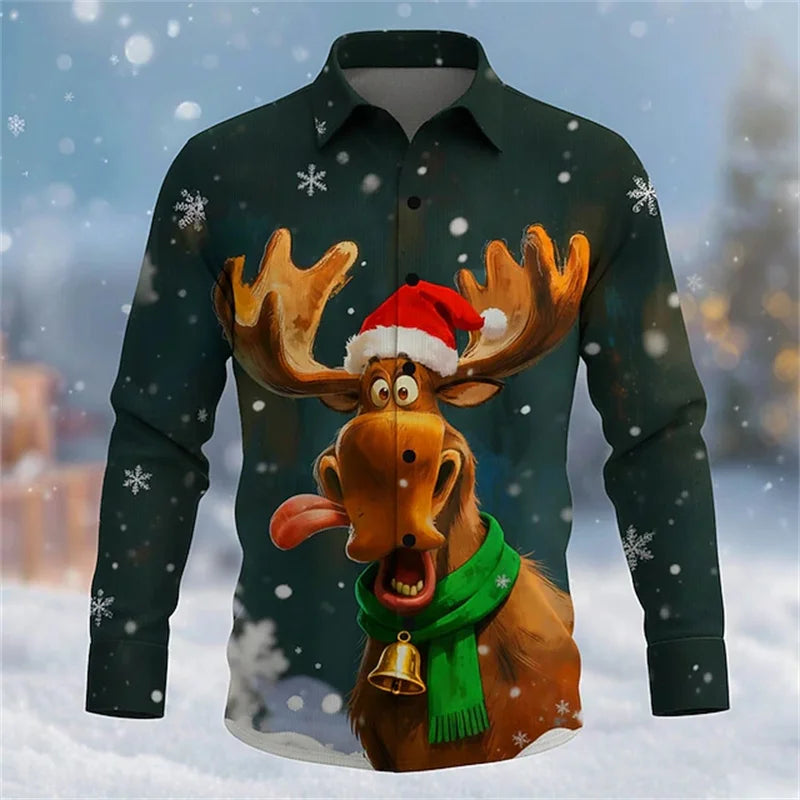 Christmas men's reindeer bell fun Christmas shirt long-sleeved button shirt Christmas gift autumn and winter collar shirt
