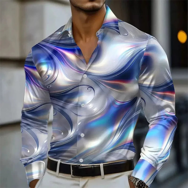 Men's blue and gold marble print long-sleeved shirt. Fashionable casual design, slim fit for banquets and business suits. XS-6XL