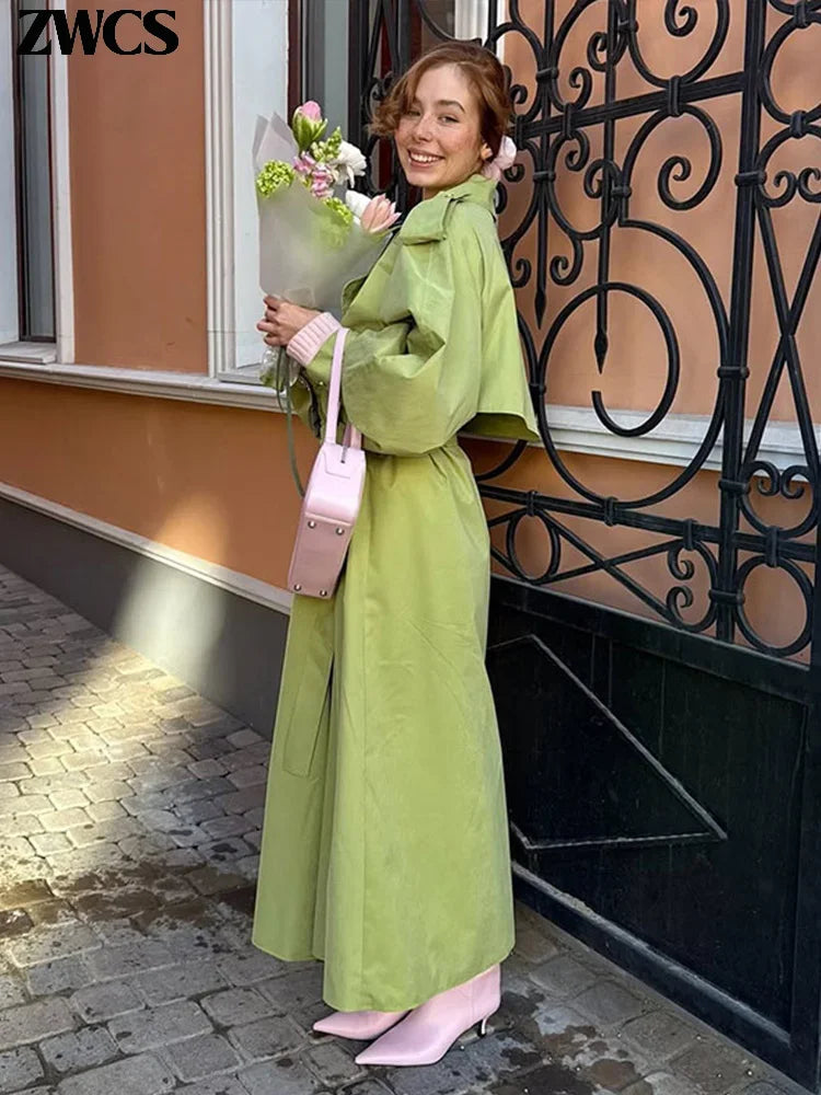 Green Belted Lapel Trench Coat Women's Loose Lace-up Button Full Sleeve Windbreakers 2026 New Autumn Ladies High Street Outwear