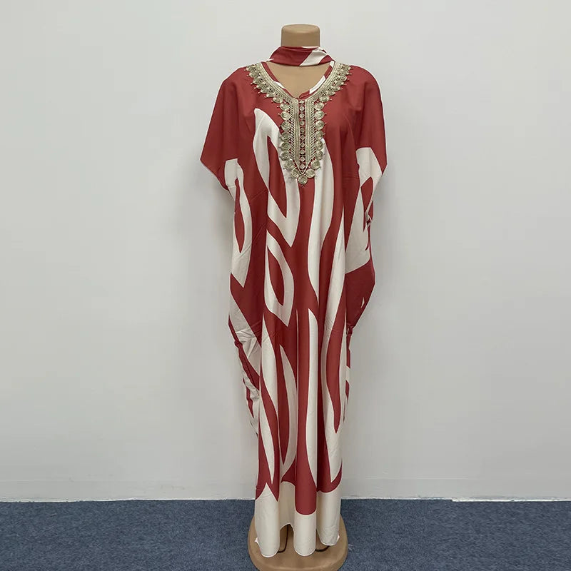 Plus Size African Women Clothing Rayon Kaftan Dress Casual Off Shoulder Robe with Rhinestone Fringe Long Sleeve Outfit