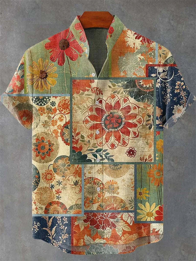 Men's Vintage Art Shirt Vintage Abstract 3D Geometric Print Short Sleeve Linen Casual Shirt Holiday Clothing