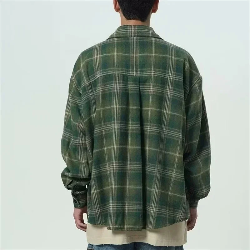 Spring Long Sleeve Plaid Shirt For Men 2025 New Y2K Vintage Streetwear Baggy Lapel Pocket Tee Shirts Korean Fashion Blouse