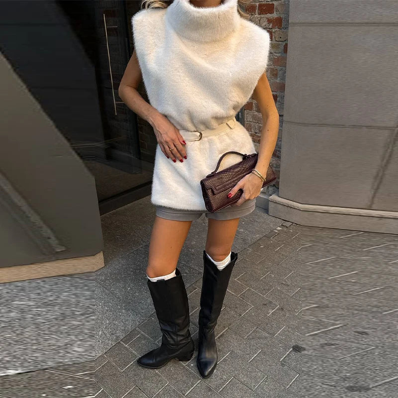 Vintage Faux Fur Thicken Coats Women Chic Full Sleeve V-neck Lace Up Open Stitch Female Outwear 2026 Spring Autumn Lady Outwear
