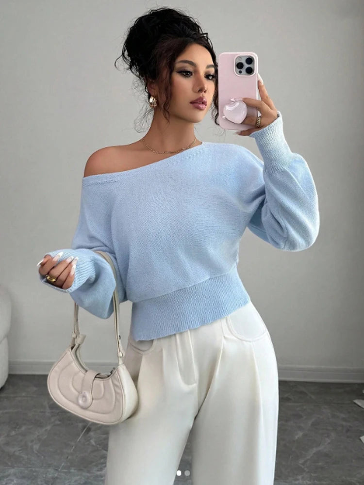 Autumn Winter New Solid Off-Shoulder Sweater Slash Neck Long Sleeve Knitted Pullovers Fashionable Commuting Versatile Short Top