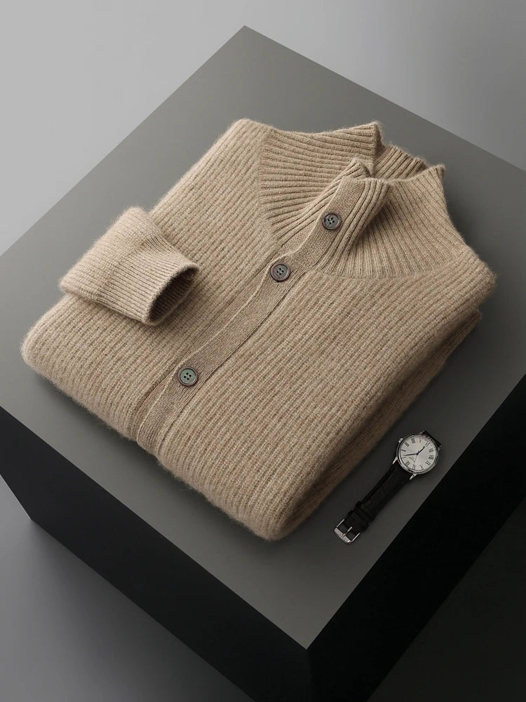 Luxury 100% Cashmere Cardigan for Men Mock Collar Thickening Sweater Autumn Winter Knitted Coat Soft Clothing Smart Casual Top