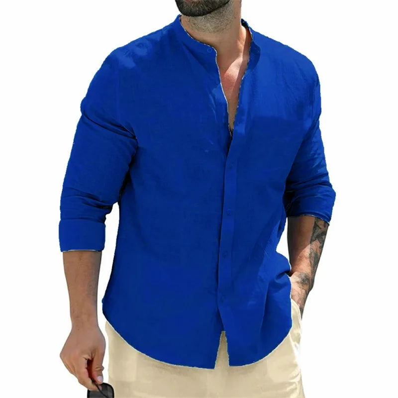 Men's shirt, long-sleeved shirt, solid color, round neck, single-breasted shirt, outdoor casual business office clothing, large