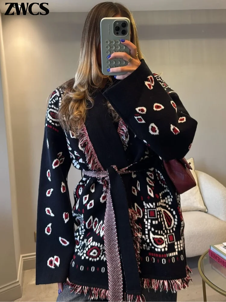 Knitted Print Lace-up Cardigan Coat Women's Elegant V-neck Tassels Full Sleeve Belted Sweaters 2026 Autumn New Ladies Outwear