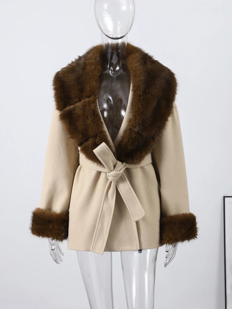 Street Faux Fur Belt Woolen Women Coat Urban Shawl Collar Belted Waist Full Sleeve Female Coats 2025 Autumn Winter Lady Outwear