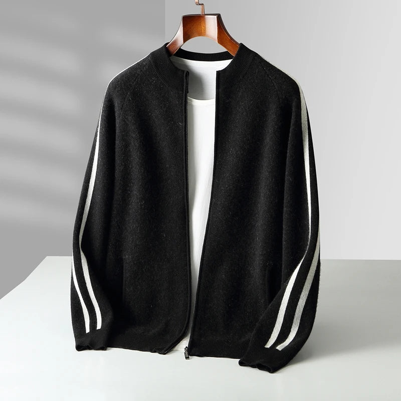 ATTYYWS  Men's new cardigan 100% wool sweater color blocked knit casual autumn and winter coat men's O-neck cashmere sweater
