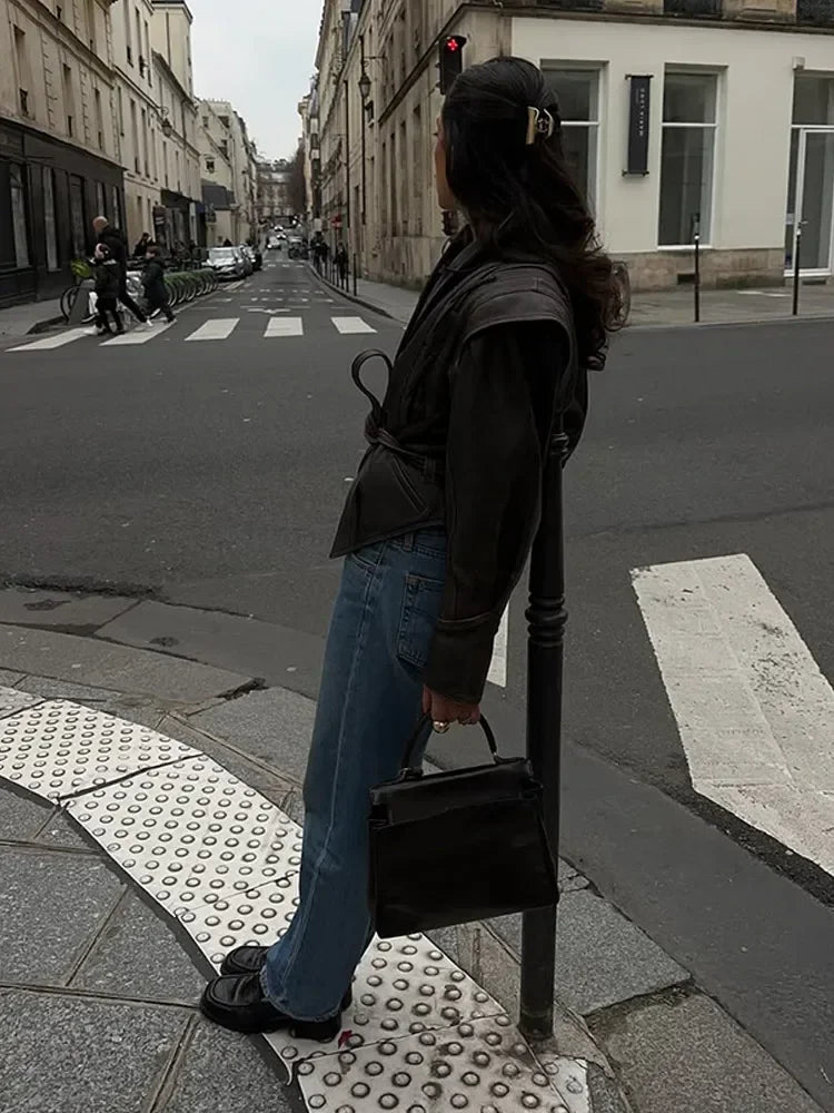 Vintage Women V-neck Belt Faux Leather Jackets Chic Full Sleeve Lace Up High Waist Lapel Overcoat Autumn Female Street Outerwear