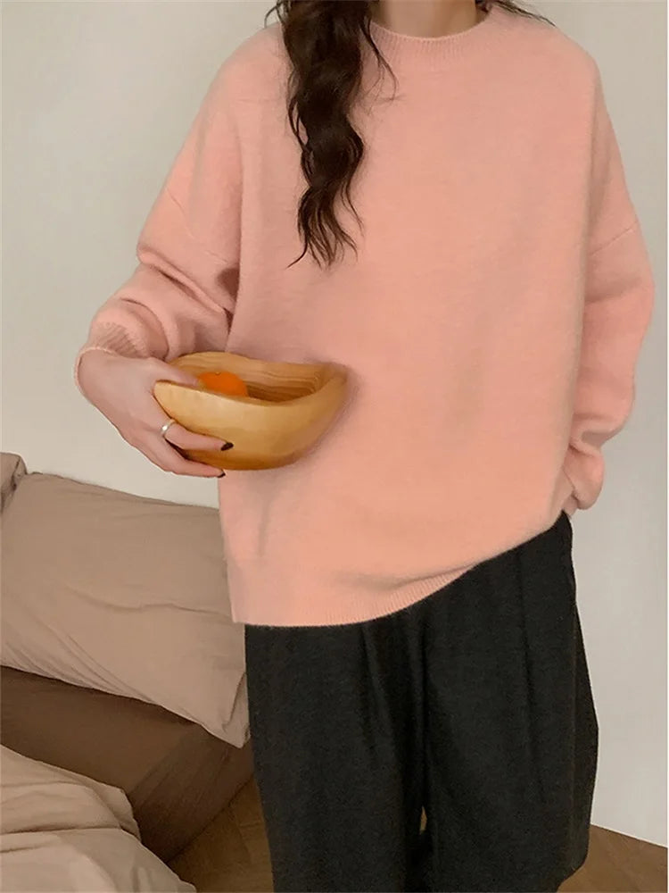MiuKoMiYa Winter Sweater Women Yellow Warm O Neck Knitted Pullovers Loose Outwear Autumn Jumpers Women Vintage Sweaters Pink