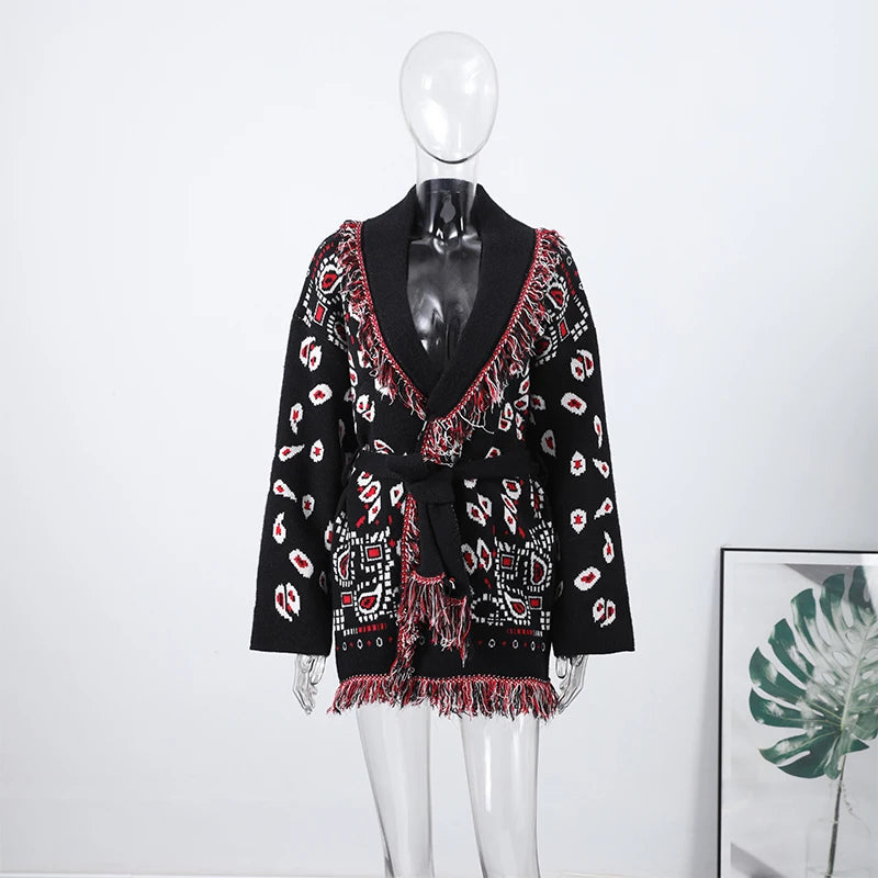Knitted Print Lace-up Cardigan Coat Women's Elegant V-neck Tassels Full Sleeve Belted Sweaters 2026 Autumn New Ladies Outwear