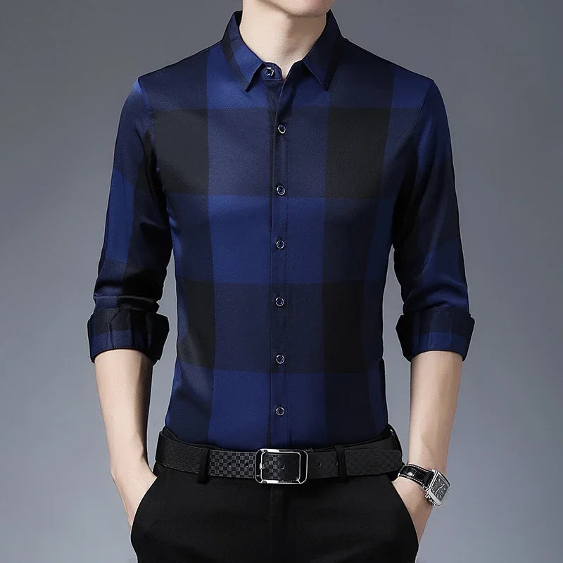 New Men's Casual Printed Long Sleeved Lapel Shirt for Spring and Autumn Fashion Comfortable Wrinkle Free Top Without Ironing