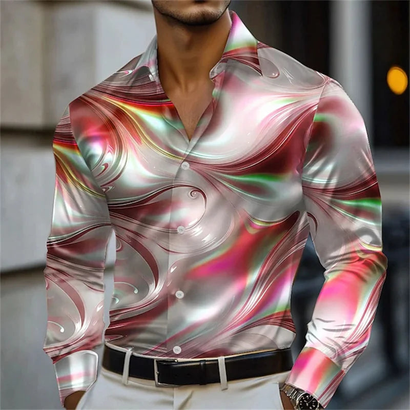 Men's blue and gold marble print long-sleeved shirt. Fashionable casual design, slim fit for banquets and business suits. XS-6XL