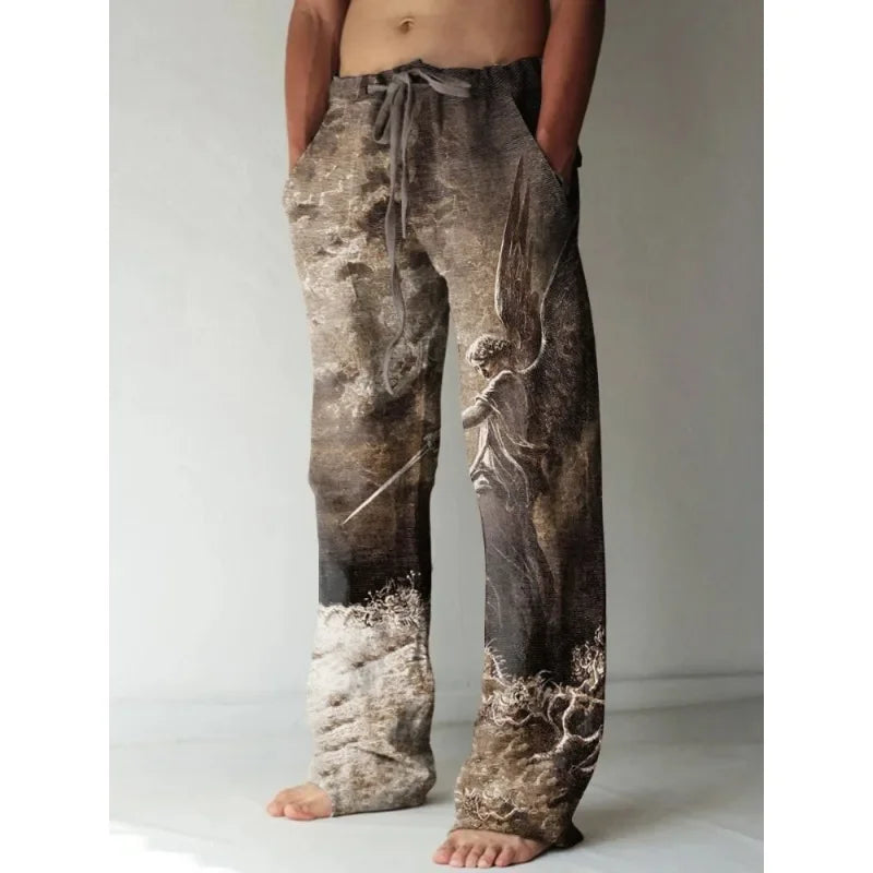 Mens Vintage Renaissance Virgin Mary Printed Casual Pants Art Wide Leg Pants Cool Summer Trousers Streetwear Men Women Clothing
