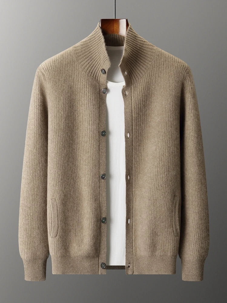 Luxury 100% Cashmere Cardigan for Men Mock Collar Thickening Sweater Autumn Winter Knitted Coat Soft Clothing Smart Casual Top