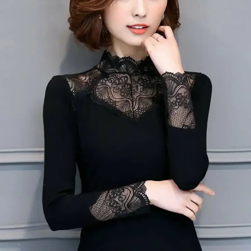 Woman Tshirts Autumn  Winter Lace  Women's Long Sleeve Turtleneck Stretch T-shirt Tops Mujer Camisetas