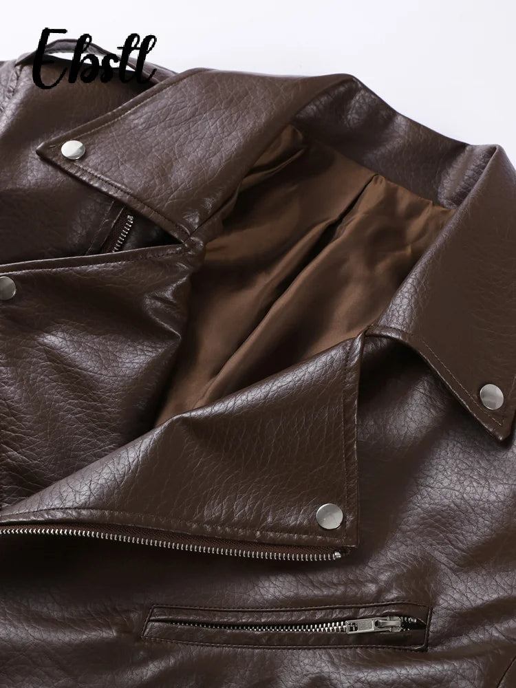 High Street Zippers Leather Jackets Women Lapel Long Sleeve Pockets Buttons Jacket 2025 Autumn New Female Locomotive Outwear