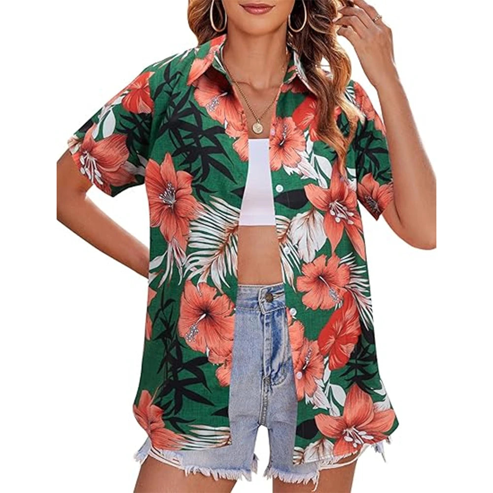 New Women's Short Sleeve T-shirt Fashion 3D Floral Print Hawaiian Style Casual Basic T-shirt Summer Lapel Short Sleeve Shirt