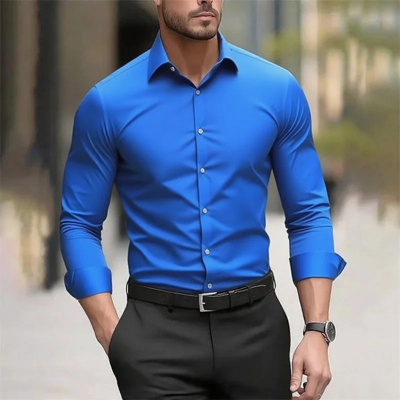 Solid Color Men's Shirt Casual White Shirt, High Quality Solid Color Long Sleeve Stretch Fabric, Business Formal Shirt, XS-6XL