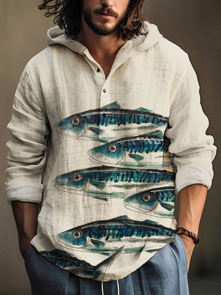 Spring and Autumn Men's Shirt Linen Fashion Casual Bamboo Hawaiian Style Printed Shirt Men's Top Long Sleeve Hooded Pullover