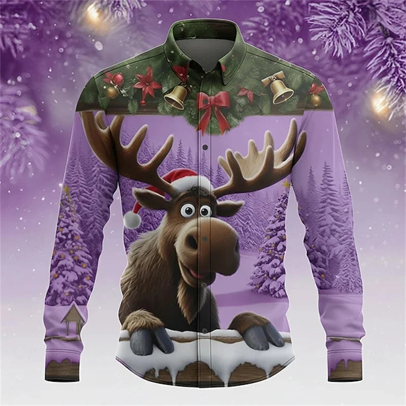 Christmas men's reindeer bell fun Christmas shirt long-sleeved button shirt Christmas gift autumn and winter collar shirt