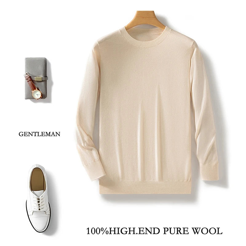 100% Pure Merino Wool Sweater Men's Round Collar Pullover Spring Autumn New Business Knitted Tops Casual Large Size Men's Shirt