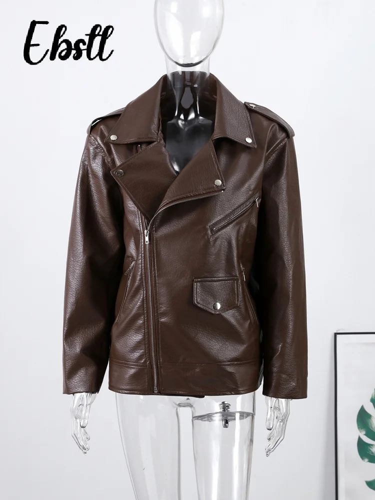 High Street Zippers Leather Jackets Women Lapel Long Sleeve Pockets Buttons Jacket 2025 Autumn New Female Locomotive Outwear