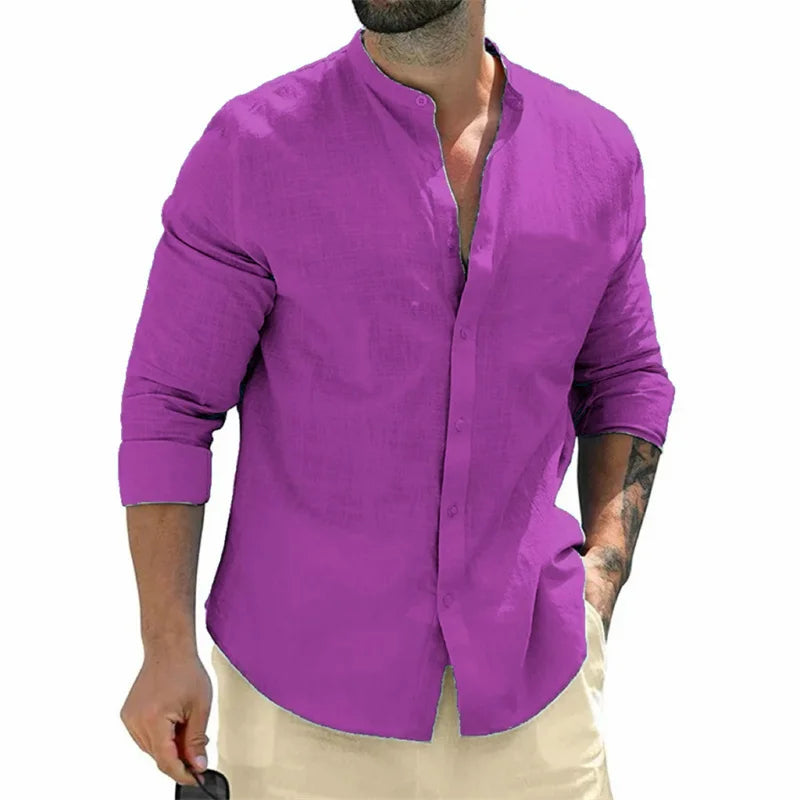 Men's shirt, long-sleeved shirt, solid color, round neck, single-breasted shirt, outdoor casual business office clothing, large
