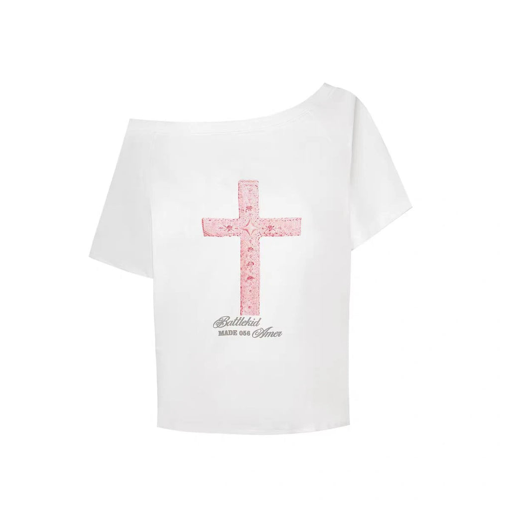 Seeslim Gothic Off Shoulder Cross Graphic T Shirts 2000s Clothes Y2k Short SLeeve Tees Female Clothing Goth Summer Tops T-shirt