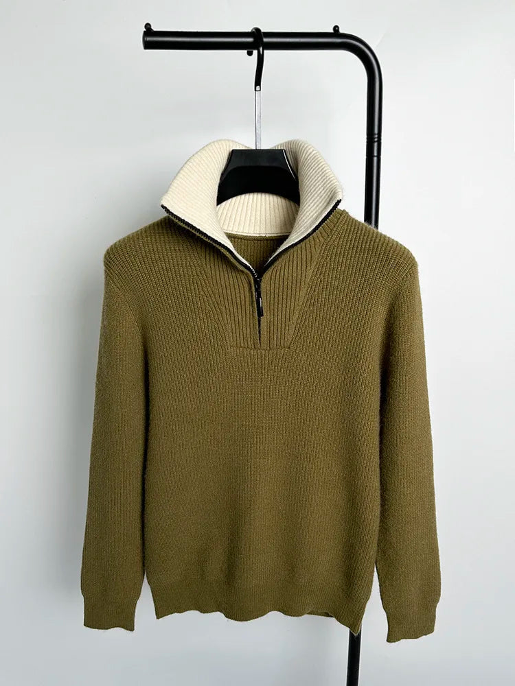 Autumn and Winter Men's Half High Neck Zipper Knitted Sweater Korean Version FashionCasualSolidColor Pullover Thickened and Warm