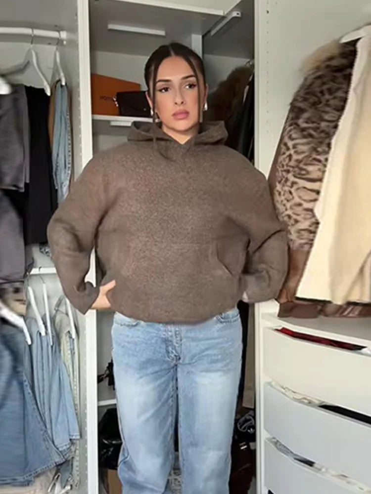 Solid Casual Knitted Oversize Sweaters Hoodie Women Long Sleeve Commute 2026 Autumn Winter Female Pullover Chic Street Jumper