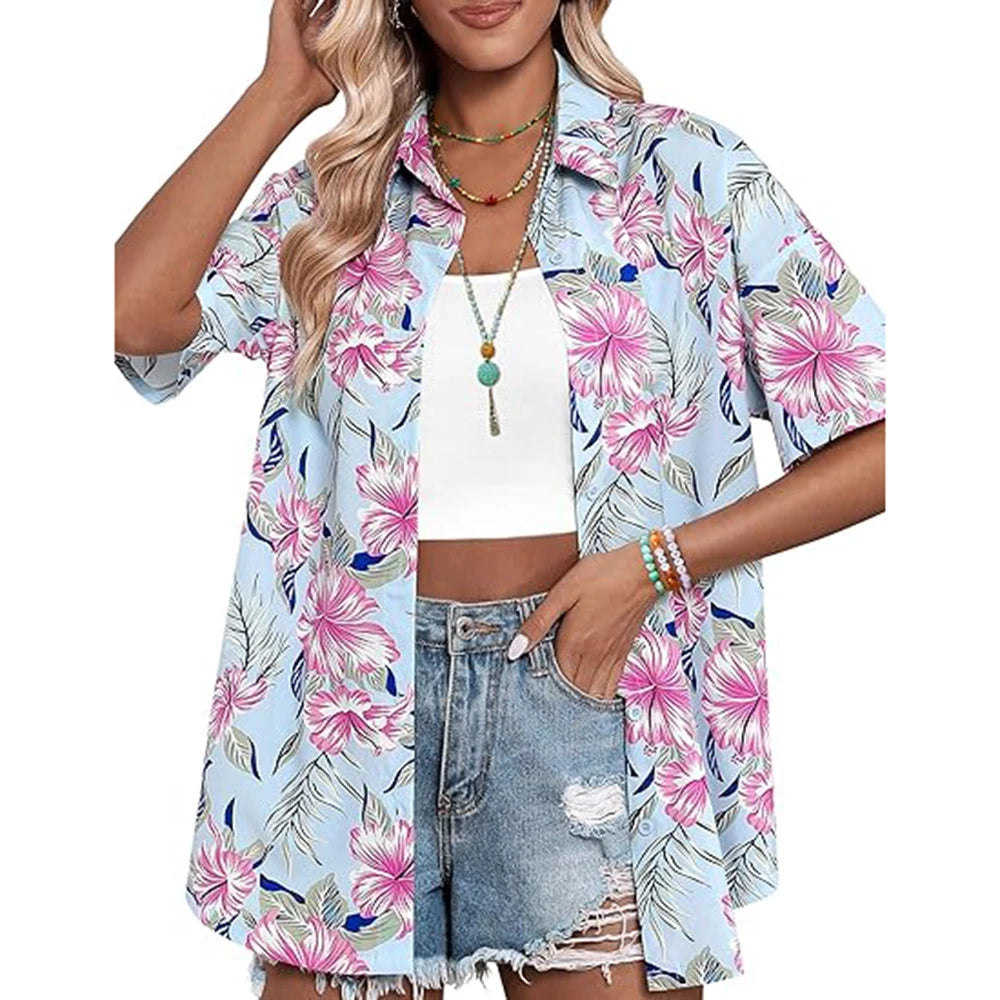 New Women's Short Sleeve T-shirt Fashion 3D Floral Print Hawaiian Style Casual Basic T-shirt Summer Lapel Short Sleeve Shirt