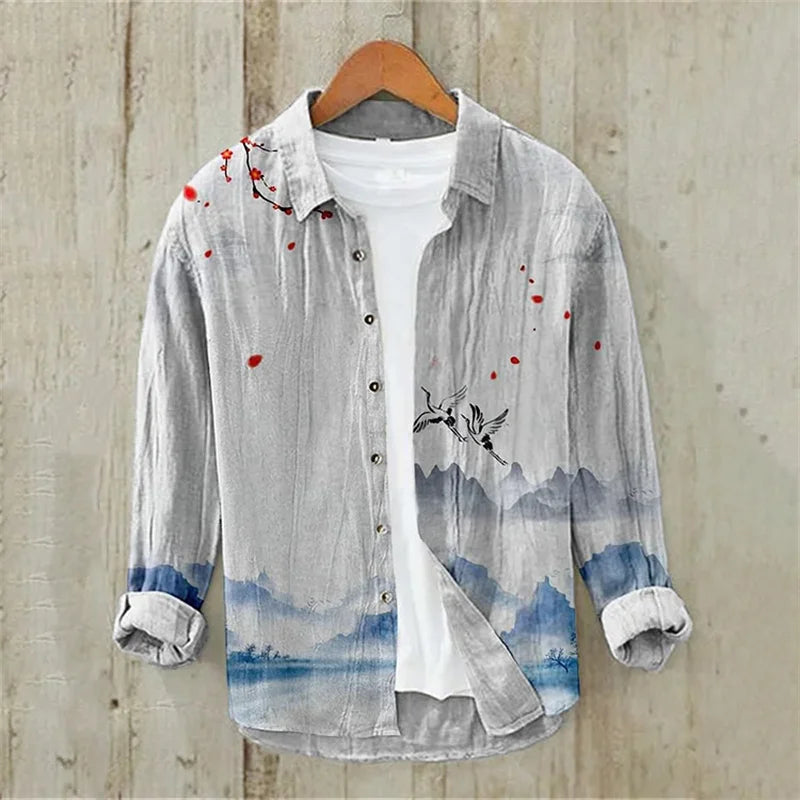 Men's Linen Casual Long Sleeve Shirt 3D Mesh Print Short Sleeve Casual Shirt, Vintage Style Tribal Print