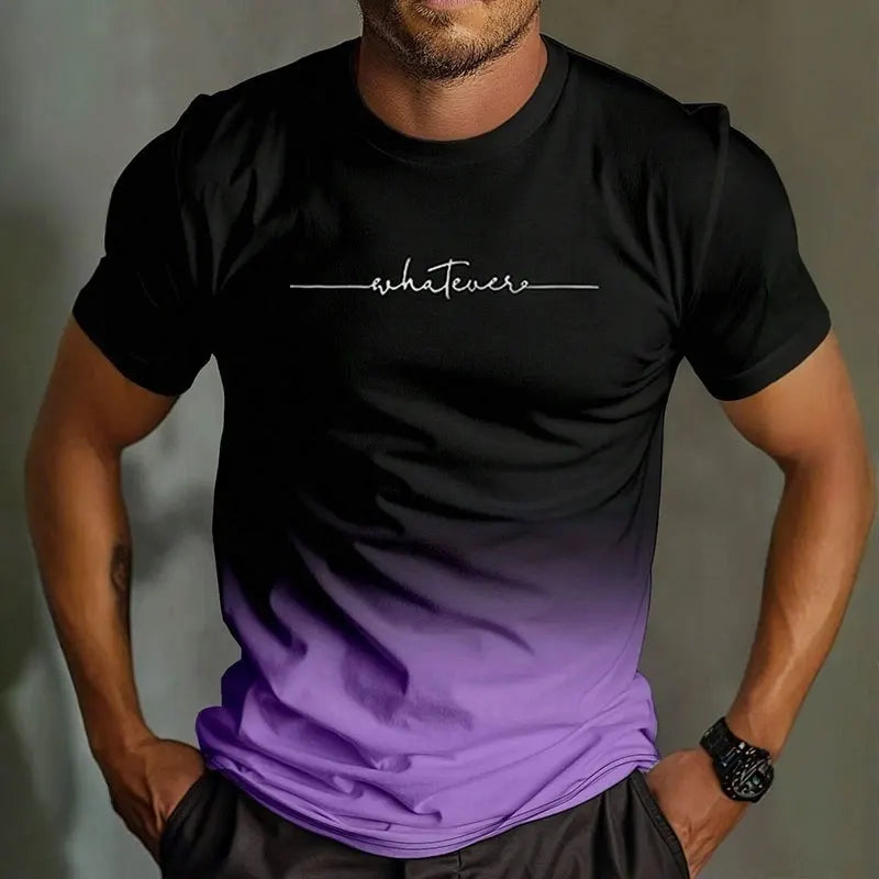 Casual Men's Trendy Short-Sleeved Gradient Letter Printed Round Neck T-Shirt Clothing Spring And Autumn Fitness Sports Tops