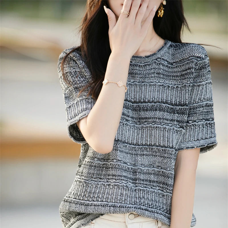 Women's T-Shirt Summer 100% Cotton Sweater Short Sleeve Striped Knitted Round Neck Ladies Tops Loose Blouse Pullover Tees